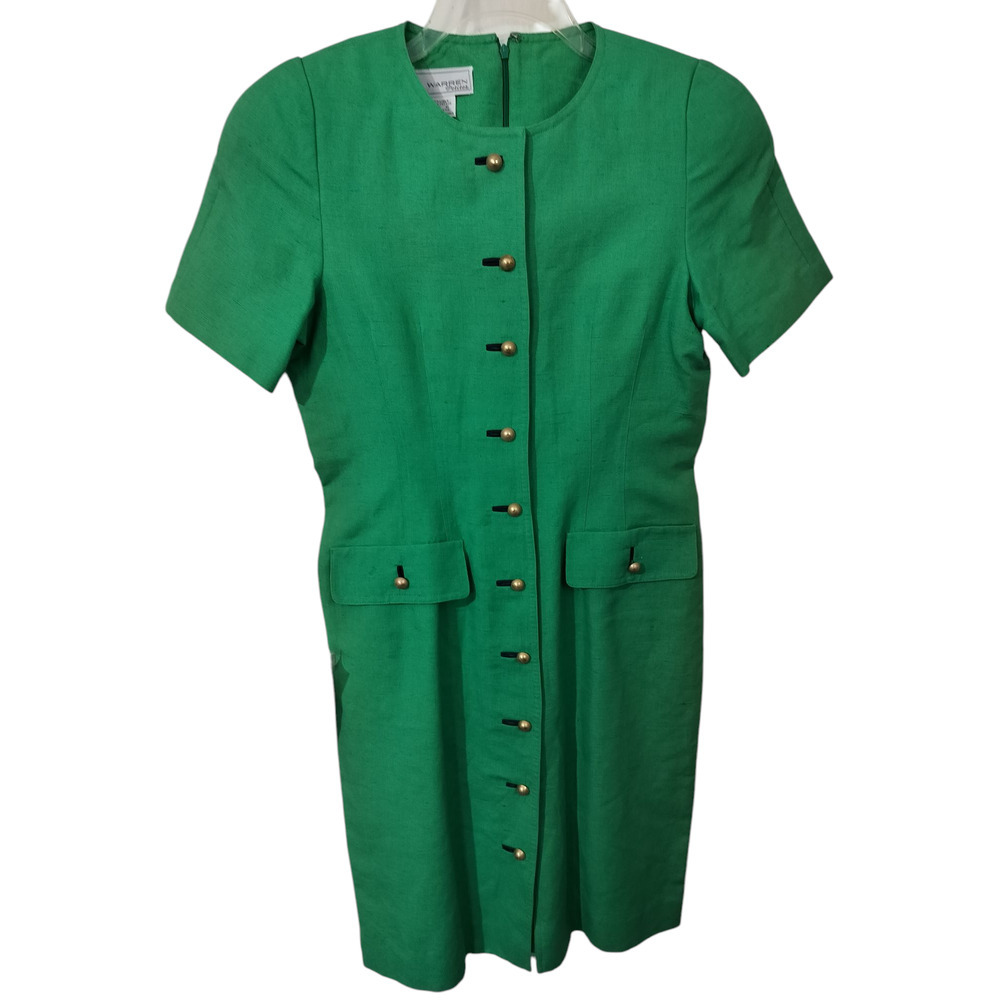 3456)Vtg Warren Petites Green Linen Blend Short Sleeve Sheath Midi Dress Sz 6